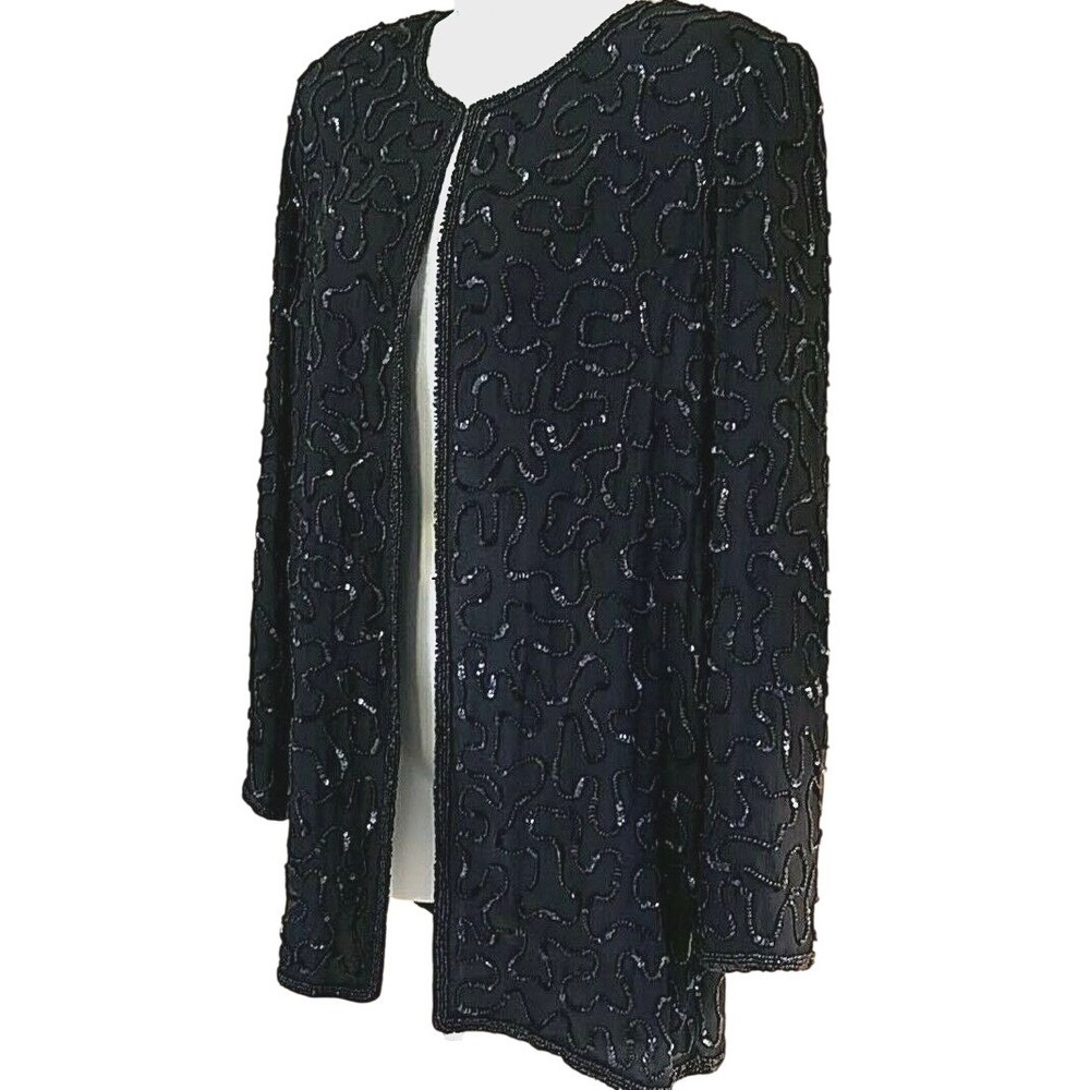 Valerie Stevens Black Beaded Sequin Silk Jacket 6 Art Deco Formal Evening Wear - Picture 3 of 9
